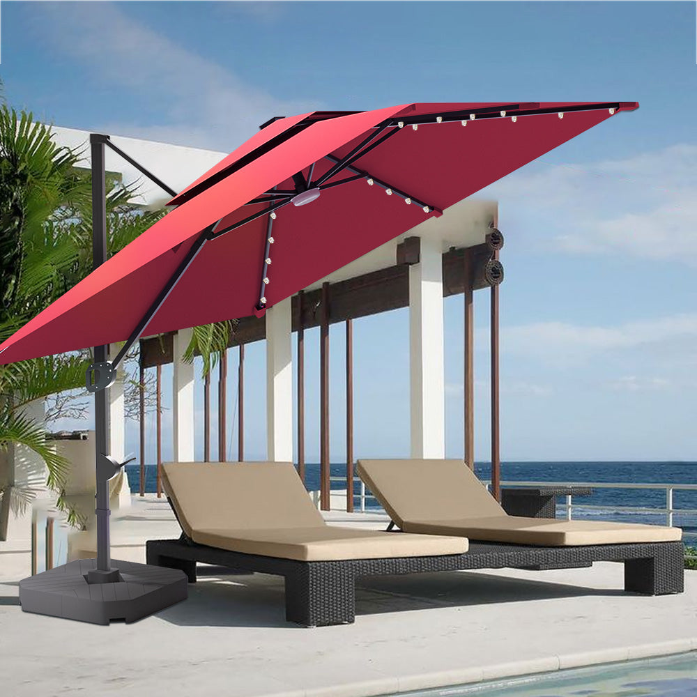 Patioslife 3x3m Burgundy LED cantilever umbrella shading outdoor sun loungers with ocean view