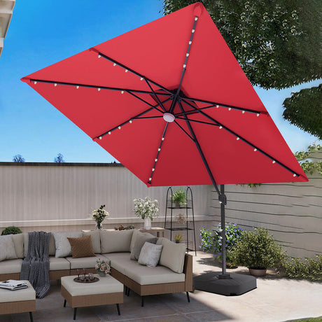 Patioslife 3x3m Burgundy LED cantilever umbrella shading backyard lounge sofa in a garden patio setting