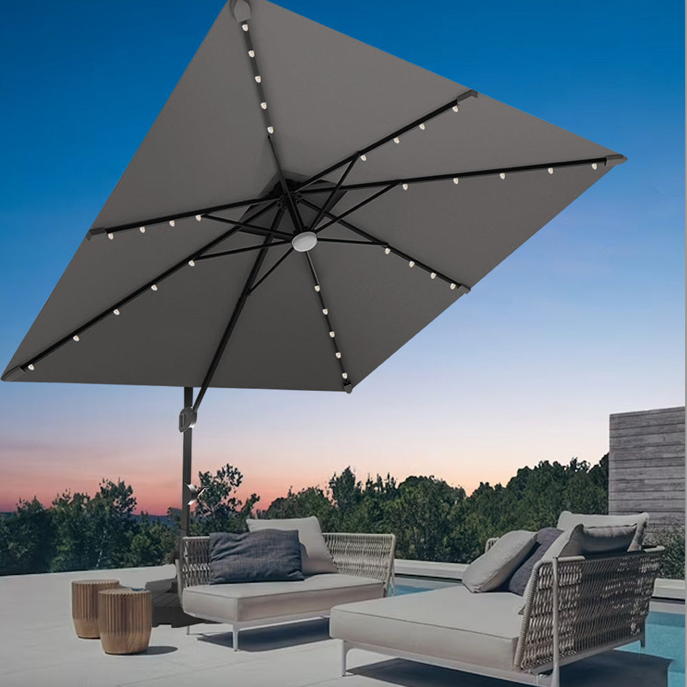 Patioslife 3x3m Charcoal LED cantilever umbrella shading modern outdoor lounge furniture at sunset