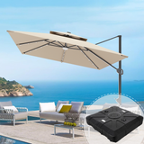Patioslife 3x3m Cream LED cantilever umbrella with black base detail on coastal patio lounge