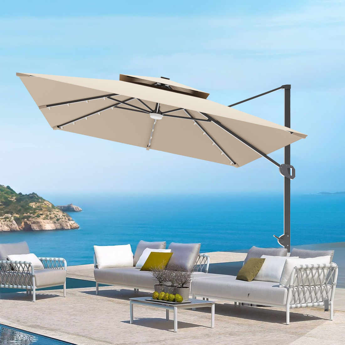 Patioslife 3x3m Cream LED cantilever umbrella shading patio lounge furniture with ocean view