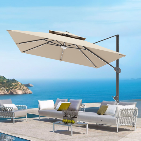 Patioslife 3x3m Cream LED cantilever umbrella shading patio lounge furniture with ocean view