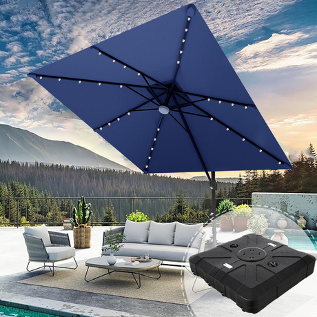 Patioslife 3x3m Navy Blue LED cantilever umbrella with black base detail shading lounge furniture by the pool