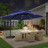 Patioslife 3x3m Navy Blue LED cantilever umbrella lighting outdoor dining table in a garden at night