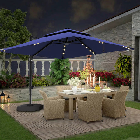 Patioslife 3x3m Navy Blue LED cantilever umbrella lighting outdoor dining table in a garden at night