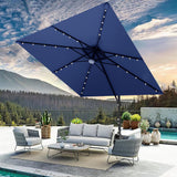 Patioslife 3x3m Navy Blue LED cantilever umbrella shading poolside lounge furniture with mountain view