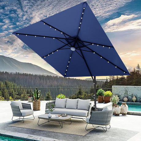 Patioslife 3x3m Navy Blue LED cantilever umbrella shading poolside lounge furniture with mountain view