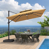 Patioslife 3x3m Tan LED cantilever umbrella shading outdoor dining table beside a pool with open countryside view