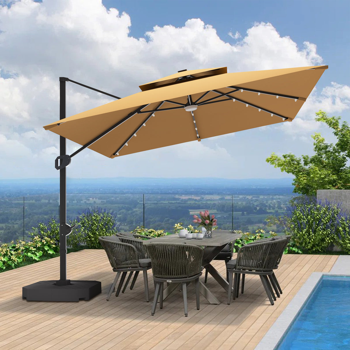 Patioslife 3x3m Tan LED cantilever umbrella shading outdoor dining table beside a pool with countryside view