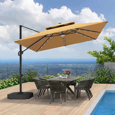 Patioslife 3x3m Tan LED cantilever umbrella shading outdoor dining table beside a pool with countryside view