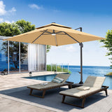 Patioslife 3x3m Tan LED cantilever umbrella shading poolside sun loungers with ocean view
