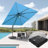 Patioslife 3x3m Turquoise LED cantilever umbrella with black base detail beside poolside lounge furniture