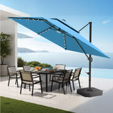 Patioslife 3x3m Turquoise LED cantilever umbrella shading outdoor dining table on a seaside patio