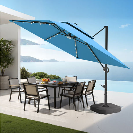 Patioslife 3x3m Turquoise LED cantilever umbrella shading outdoor dining table on a seaside patio