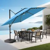Patioslife 3x3m Turquoise LED cantilever umbrella shading outdoor dining set on a coastal patio