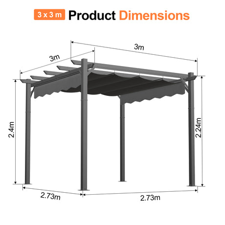 Patioslife 3x3m Retractable Pergola Charcoal Canopy Grey Frame Product Dimensions for Australian Patio