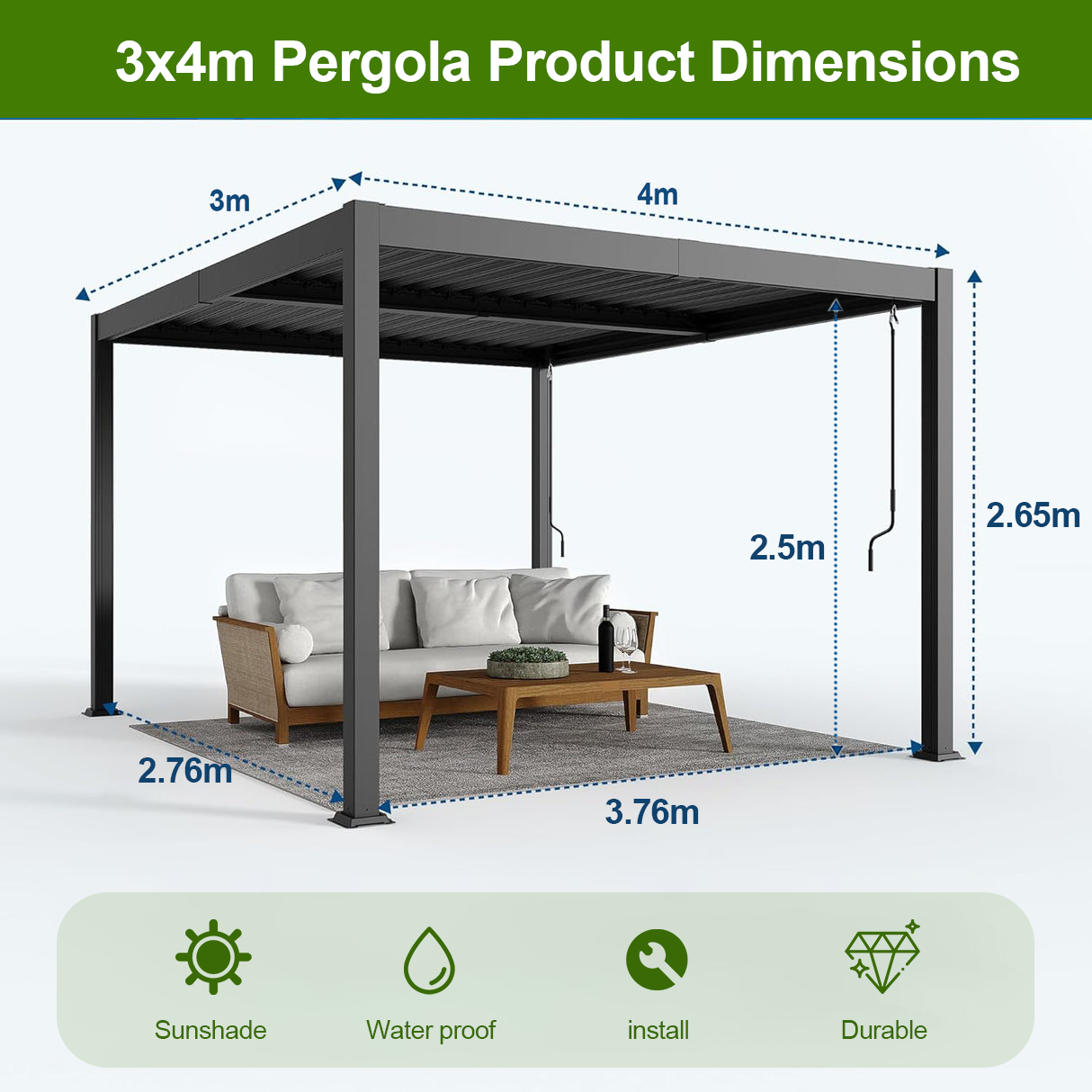 Patioslife Atlantic 3x4m pergola product dimensions with adjustable louvered roof, 2.65m height and durable outdoor shade structure