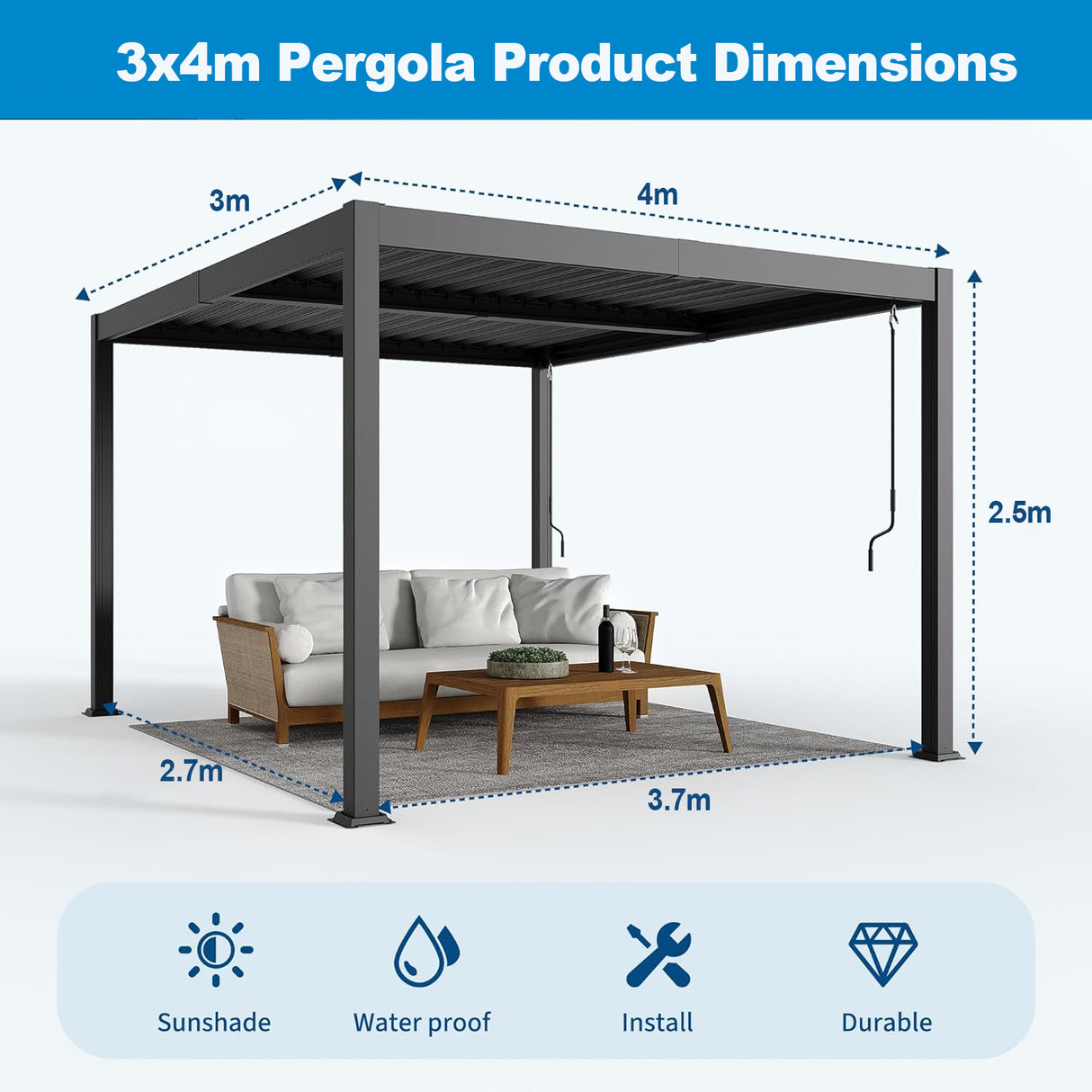 Patioslife Atlantic™ | 3 x 4m Heavy-Duty Aluminium Louvered Pergola, Freestanding Weather-Resistant Shelter for Backyard & Poolside