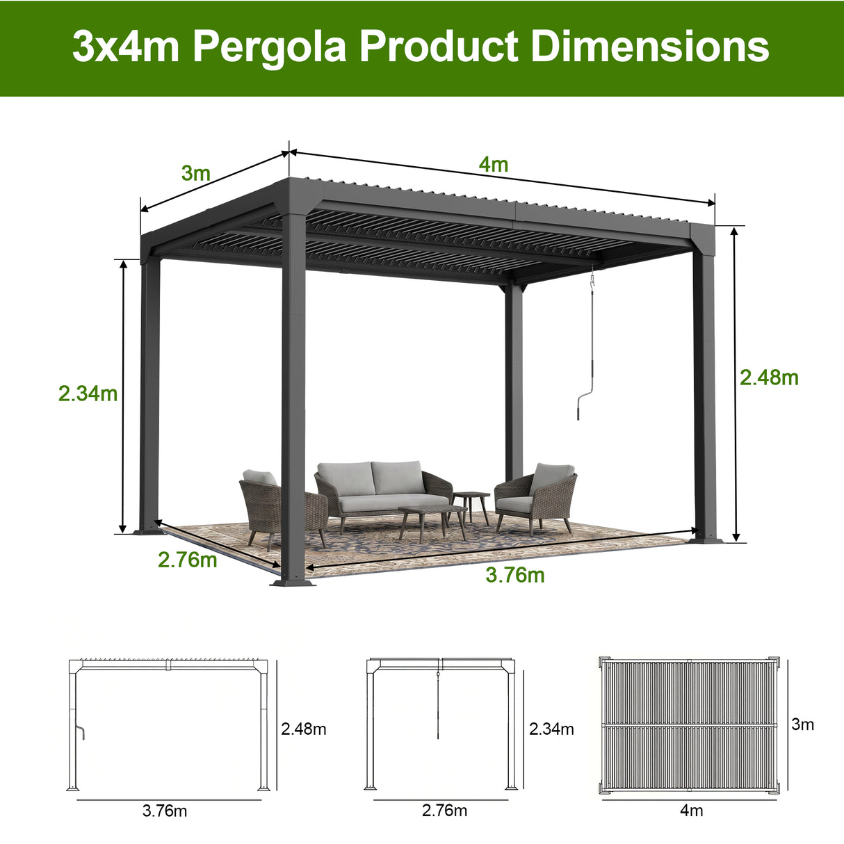 Patioslife Atlantic | 3 x 4m Heavy-Duty Metal Louvered Pergola with Integrated LED Lights, Freestanding Weatherproof Pavilion for Backyard & Poolside