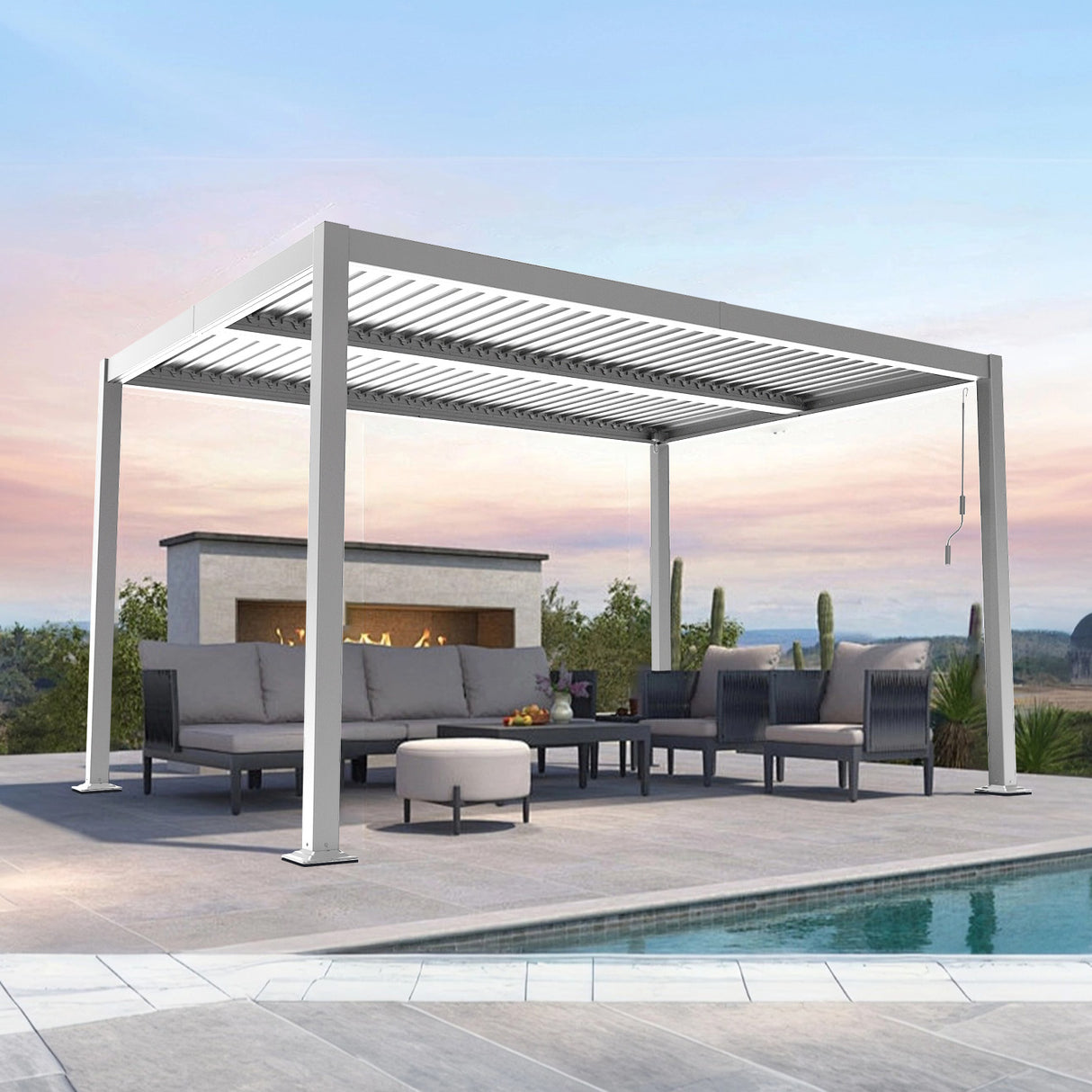 Patioslife 3 x 4m white heavy-duty aluminium louvered pergola with integrated lighting over a poolside lounge at sunset