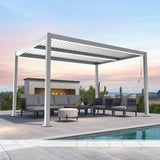 Patioslife 3 x 4m white heavy-duty aluminium louvered pergola with integrated lighting over a poolside lounge at sunset