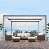 Patioslife 3 x 4m white aluminium louvered pergola with LED lighting over a wooden deck lounge with ocean view