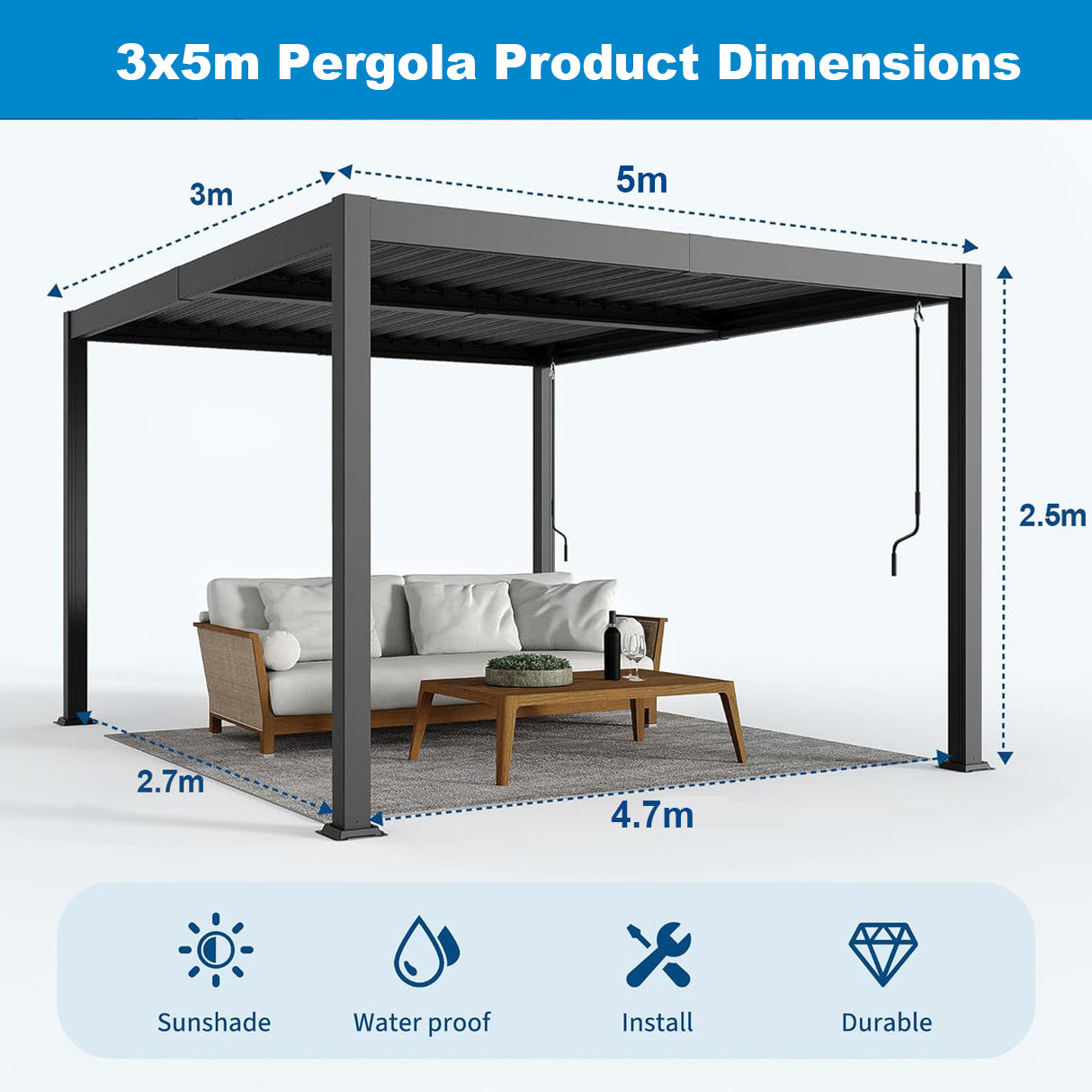 Patioslife Atlantic™ | Aluminium Louvered Pergola with Adjustable Roof, Freestanding All-Weather Shelter for Deck, Patio & Poolside