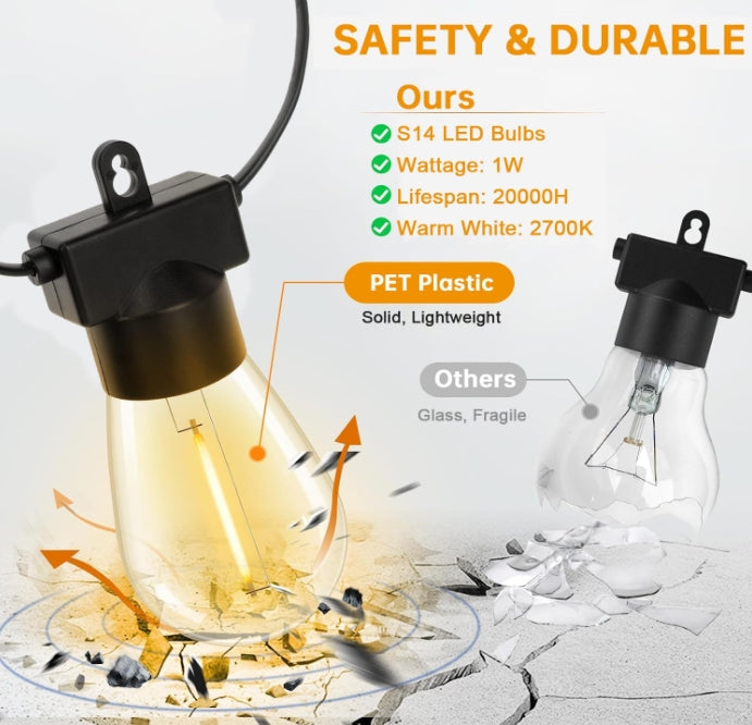 Patioslife™| 30M Outdoor Festoon Lights – 1 Pack String Lights with 30+2 S14 LED Bulbs, Waterproof & Shatterproof, 2700K Warm White Light for Party, Garden, Yard