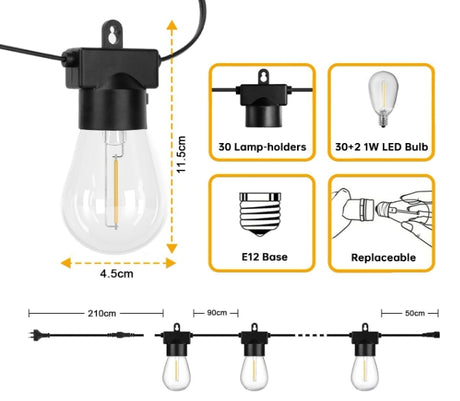 Patioslife™| 30M Outdoor Festoon Lights – 1 Pack String Lights with 30+2 S14 LED Bulbs, Waterproof & Shatterproof, 2700K Warm White Light for Party, Garden, Yard