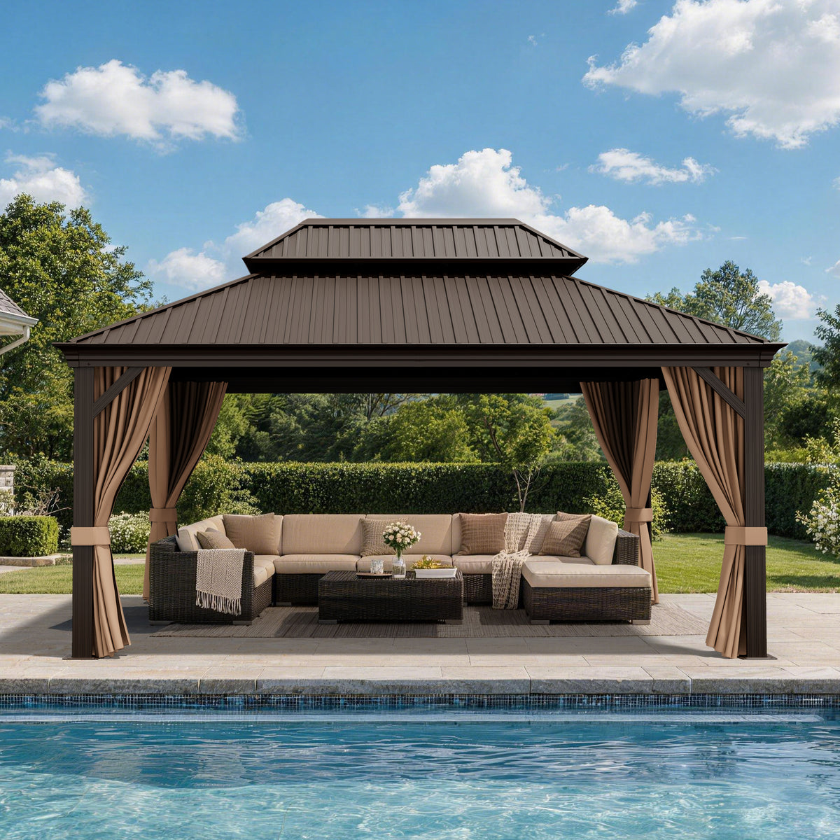 Patioslife Luxury Haven Coastal Hardtop Gazebo | Designed for Australian Outdoor Conditions with 120×120mm Aluminium Posts, Drainage Gutters, Double Vented Roof & Curtains