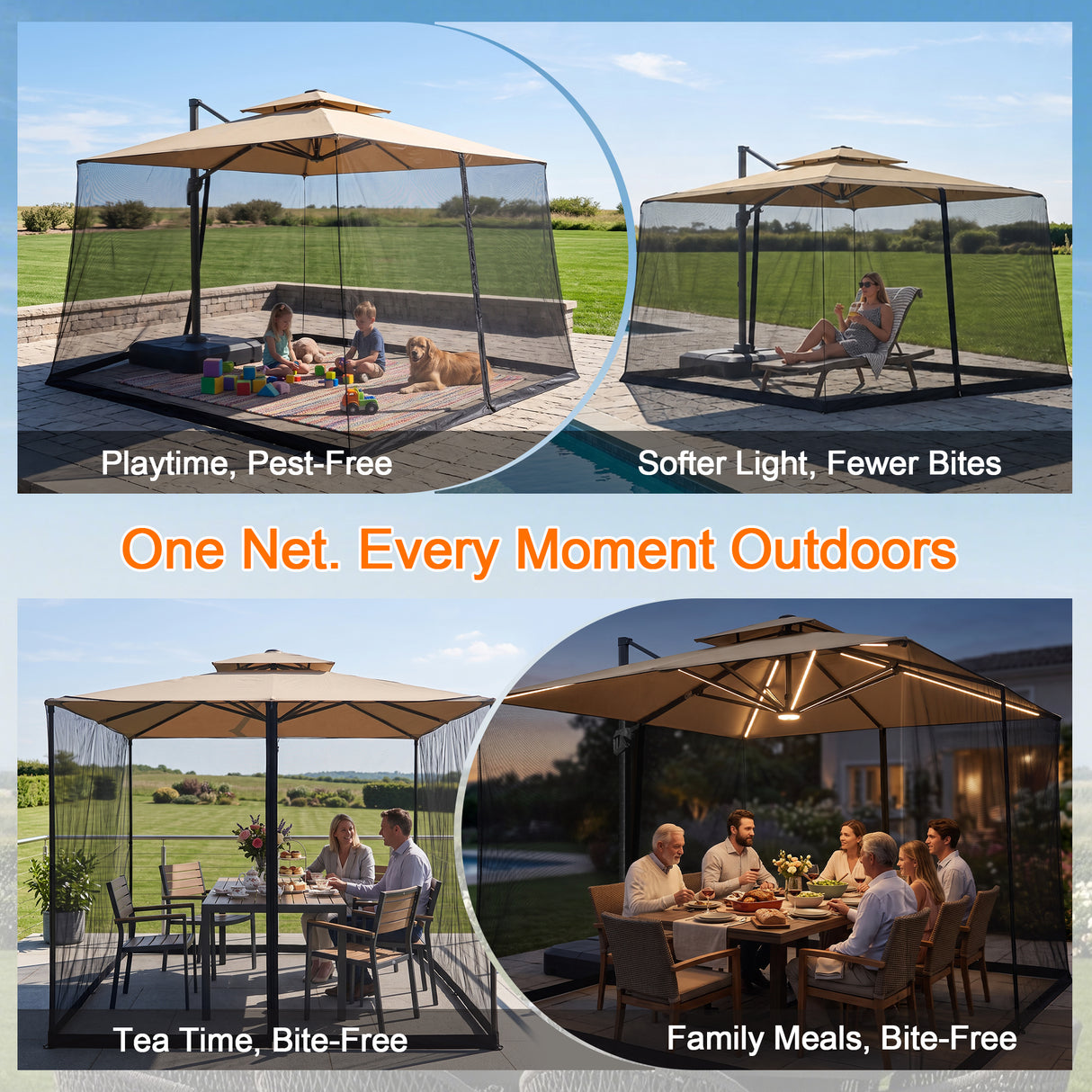 Patioslife Umbrella Mosquito Net with Dual Zipper & Adjustable Drawstring