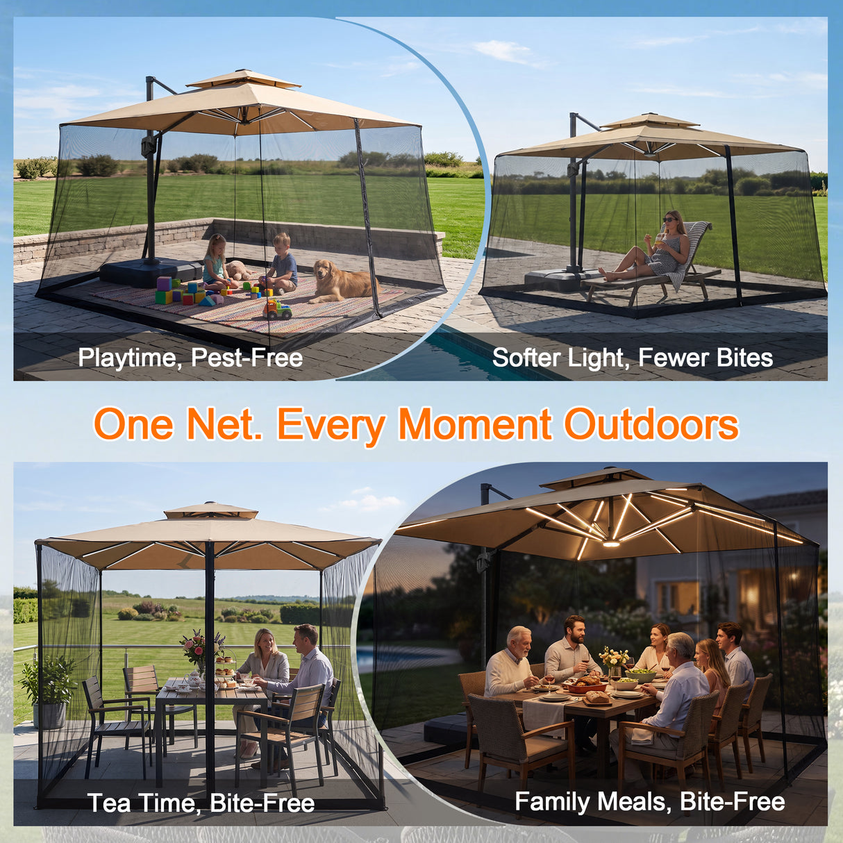 Patioslife Cantilever Umbrella Mosquito Net – Zip-Entry Mesh Screen with Weighted Base, Fits 2.5–4m Umbrellas