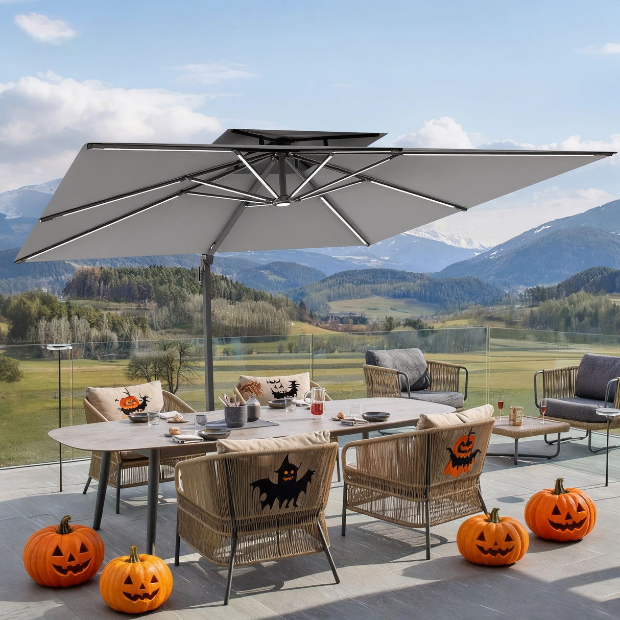 Patioslife Aegis Premium Cantilever Umbrella with LED Strip Lights, Fibreglass Ribs & Powder-Coated Aluminium Pole, Cover— Luxury Garden & Patio Shade
