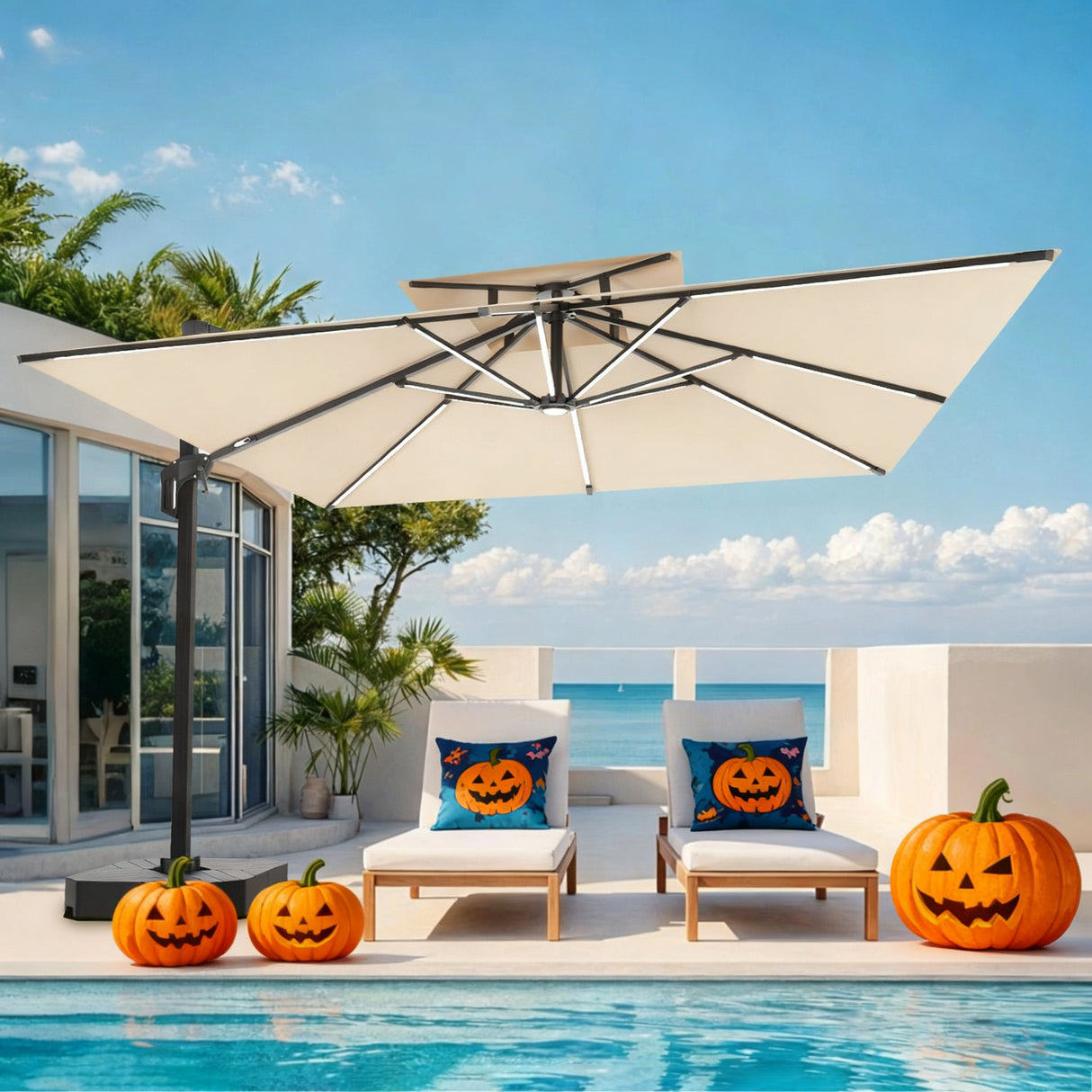 Patioslife Aegis Premium Cantilever Umbrella with LED Strip Lights, Fibreglass Ribs & Powder-Coated Aluminium Pole, Cover— Luxury Garden & Patio Shade