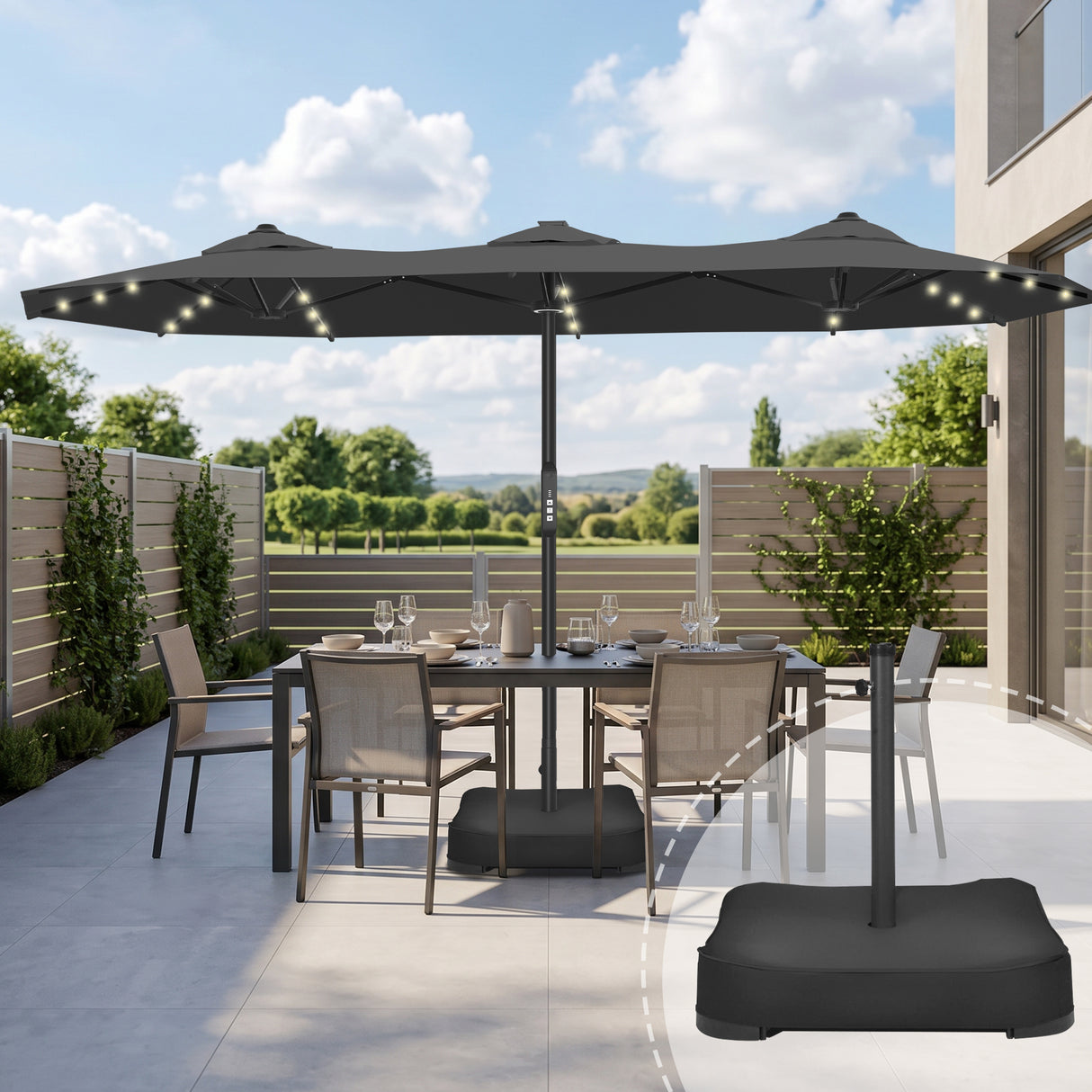 Patioslife Aegis Premium 4.6m Motorized Cantilever Patio Umbrella — Double-Sided, Remote Control, UPF 50+, Solar LED Lights & Windproof Frame