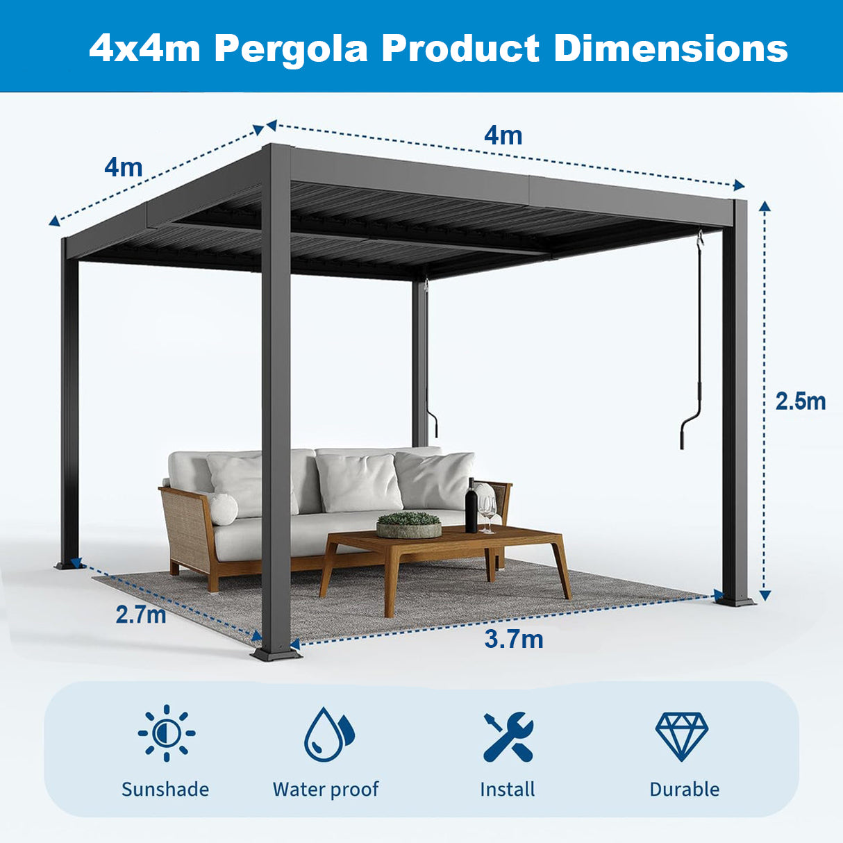 Patioslife Atlantic™ | Aluminium Louvered Pergola with Adjustable Roof, Freestanding All-Weather Shelter for Deck, Patio & Poolside