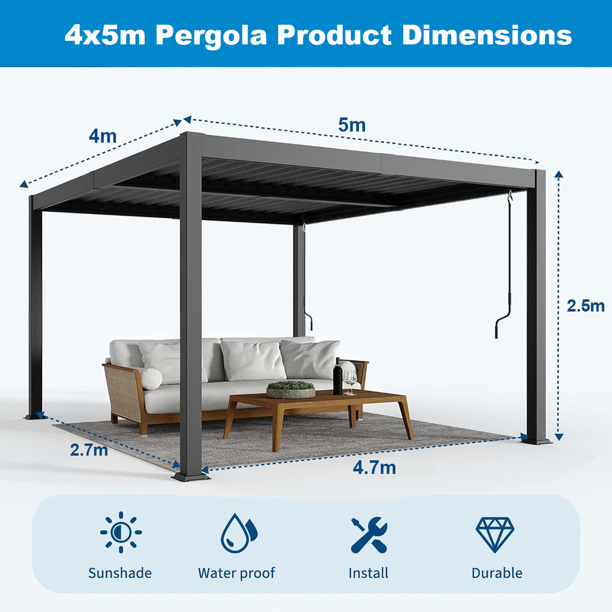 Patioslife Atlantic™ | Aluminium Louvered Pergola with Adjustable Roof, Freestanding All-Weather Shelter for Deck, Patio & Poolside