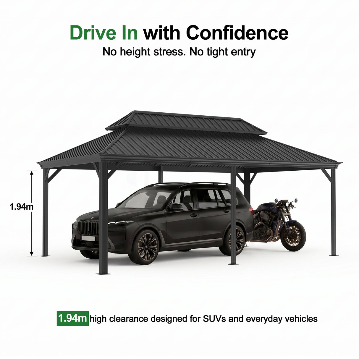Patioslife Aluminium Carport with Steel Roof – Weatherproof Canopy for Cars, Motorbikes & Campervans