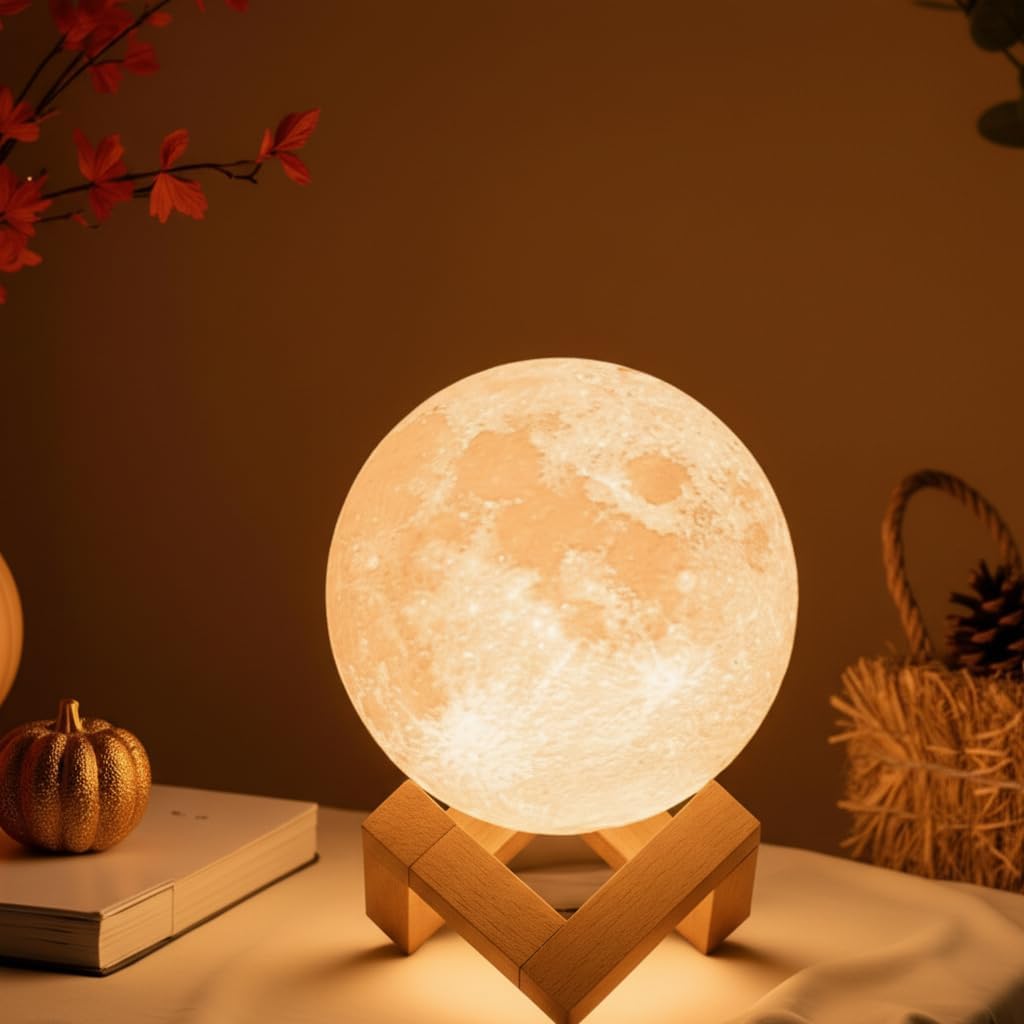 Moon Lamp – Modern Outdoor Patio & Home Décor Light, LED Dual Colour (White & Warm), Wooden Base, Adjustable Brightness, Ideal for Pergola & Garden