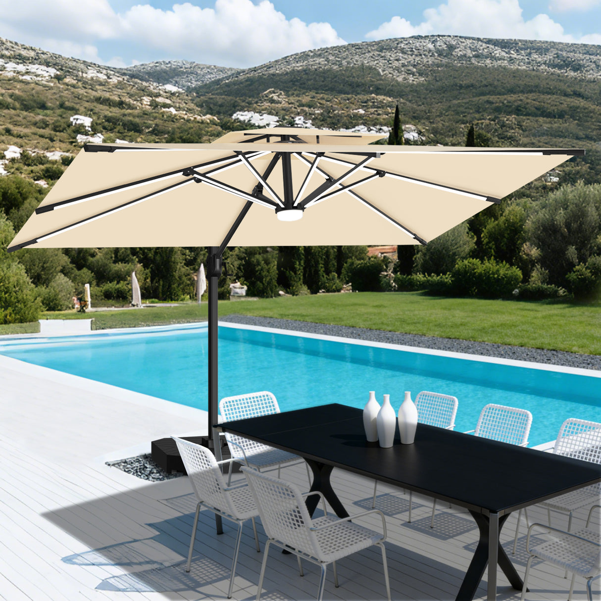 Patioslife Aegis Premium Cantilever Umbrella with Full-Rib LED Strip Lighting, Fibreglass Ribs, Powder-Coated Aluminium Pole— Luxury Garden & Patio Shade