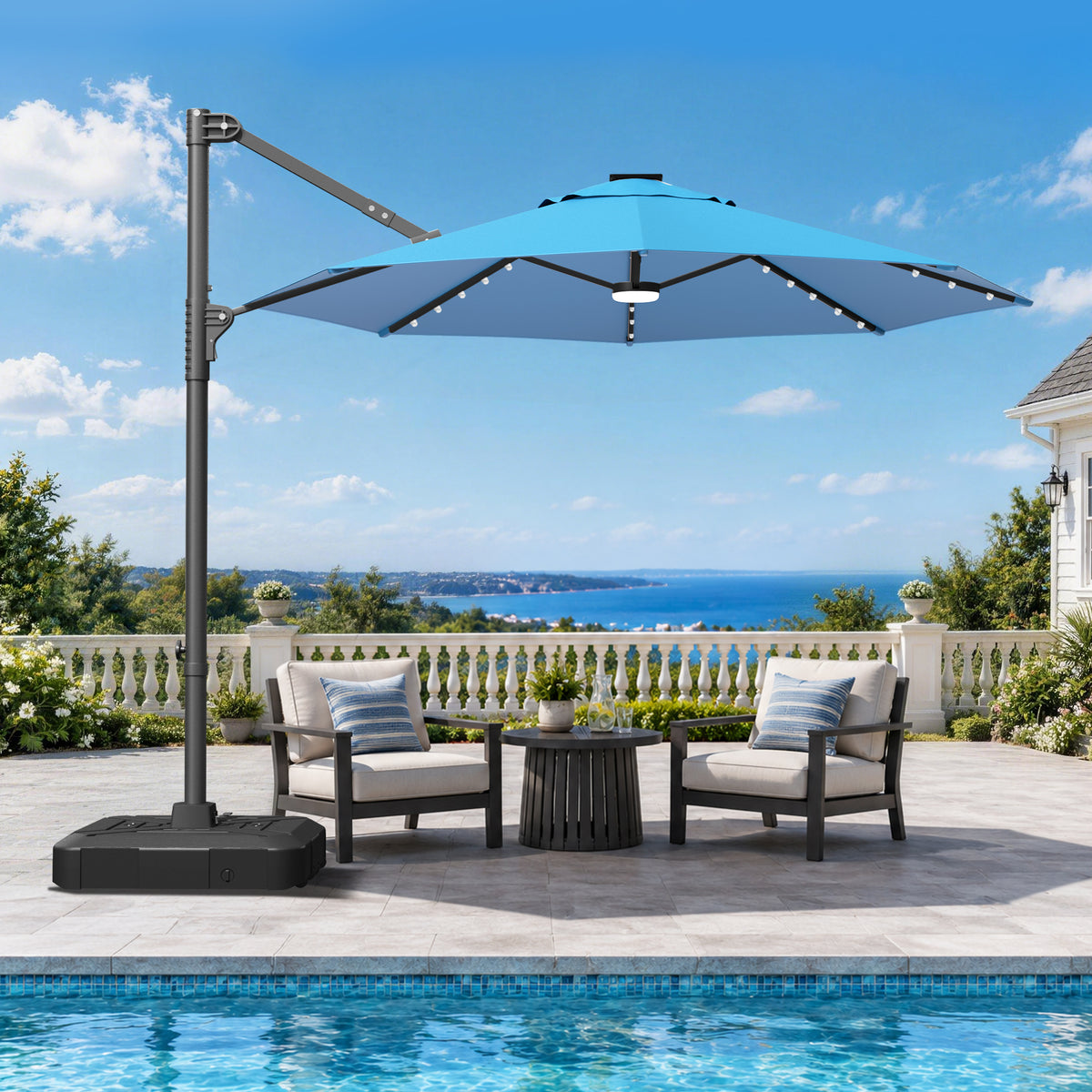 Patioslife Aegis Pro All-in-One Shade Round Cantilever Patio Umbrella with solar LED lights | Premium Cover | Large Base