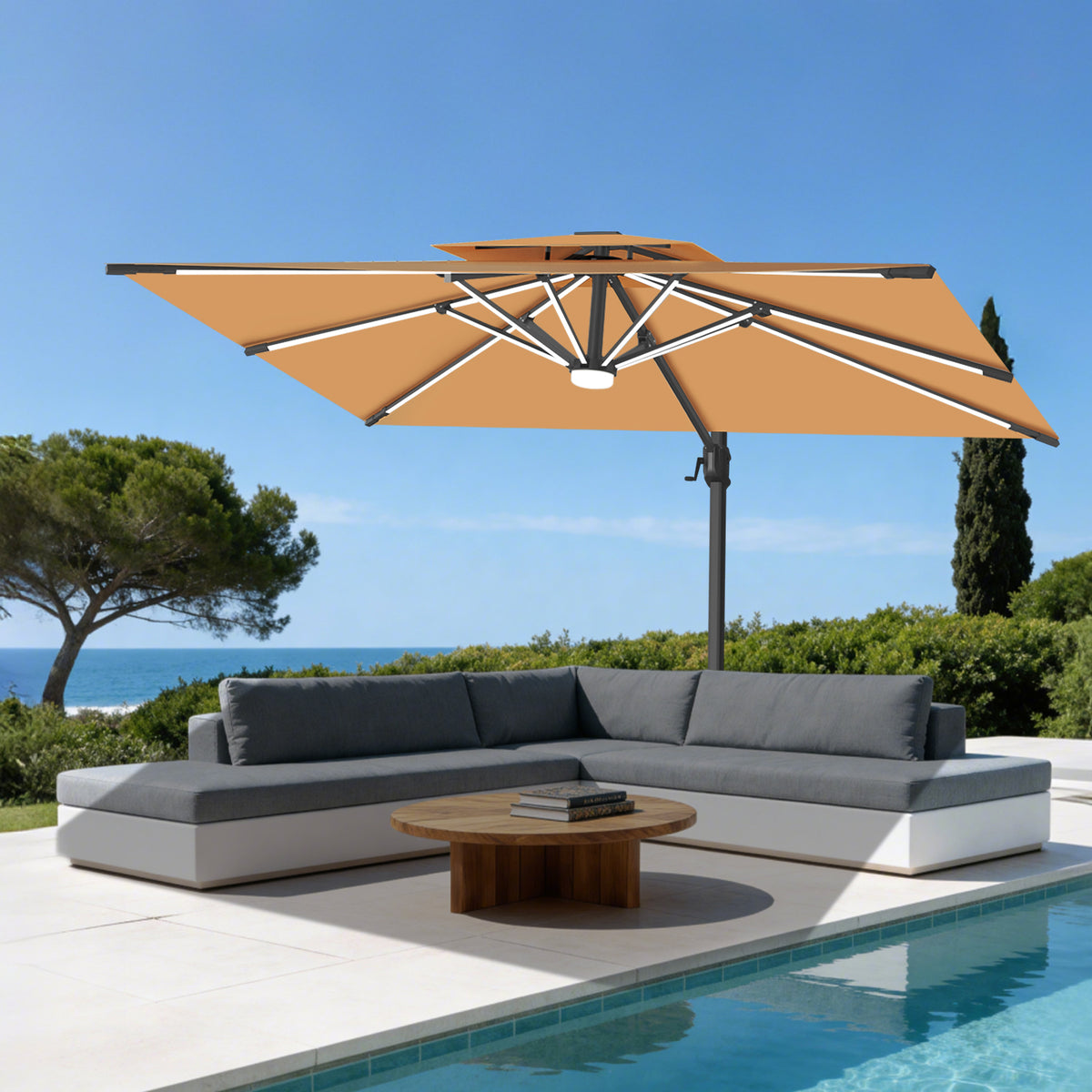 Patioslife Aegis Premium Coastal Series Cantilever Umbrella with Integrated LED Strip Lighting, Fibreglass Ribs & Aluminium Frame — Luxury Shade Built for Australian Outdoors