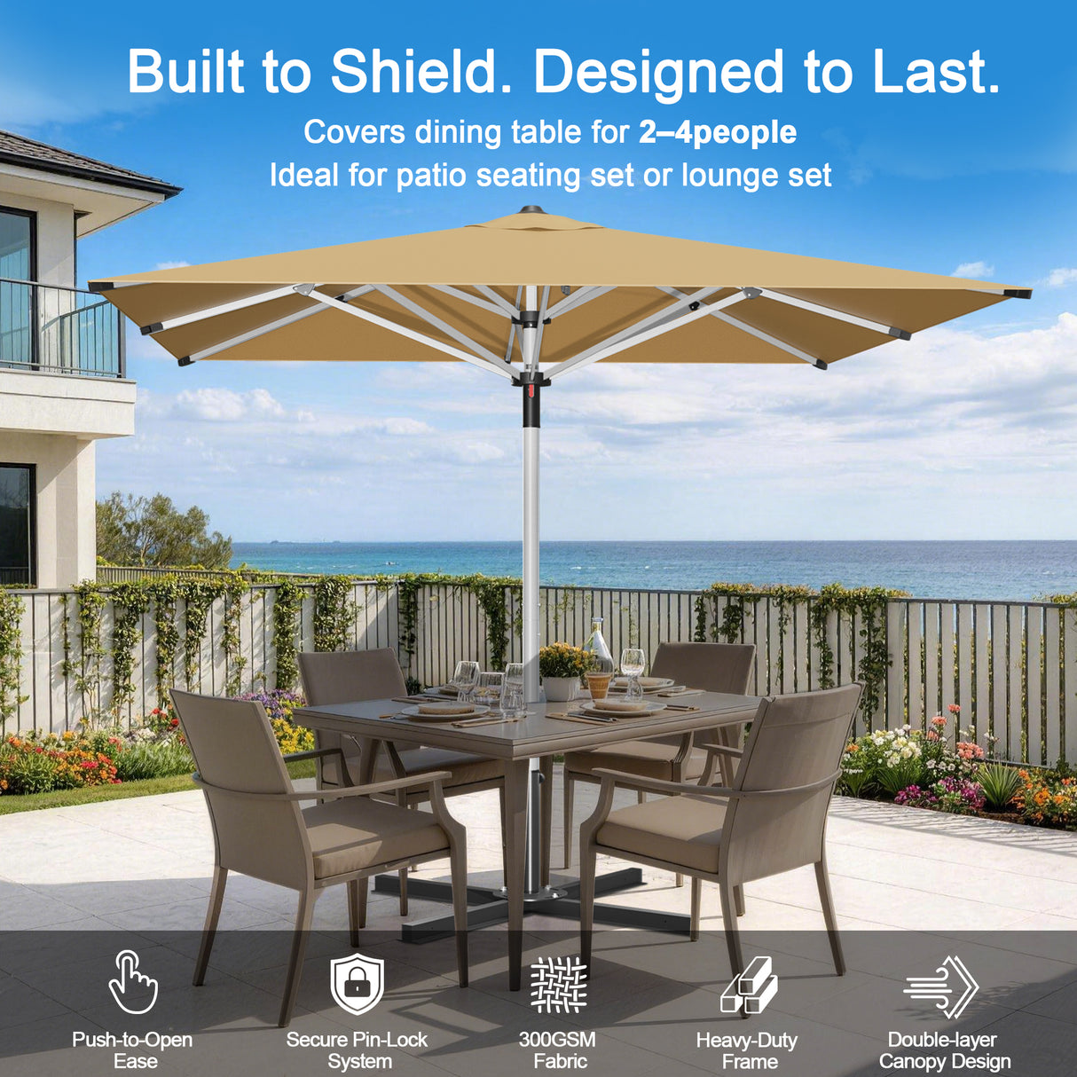Patioslife Outdoor Umbrella — Square & Round | Heavy-Duty Aluminium Pole, Double-Vented Canopy | 2.7m, 3m & 3.35m