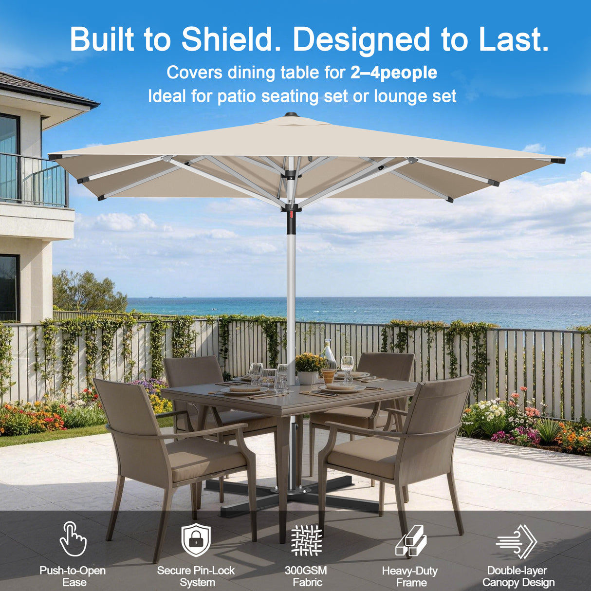 Patioslife Outdoor Umbrella — Square & Round | Heavy-Duty Aluminium Pole, Double-Vented Canopy | 2.7m, 3m & 3.35m