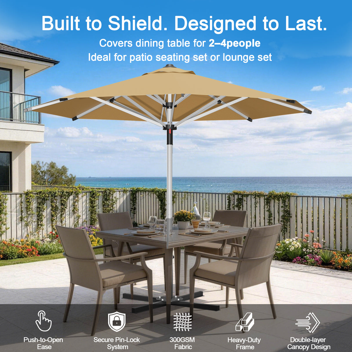 Patioslife Outdoor Umbrella — Square & Round | Heavy-Duty Aluminium Pole, Double-Vented Canopy | 2.7m, 3m & 3.35m