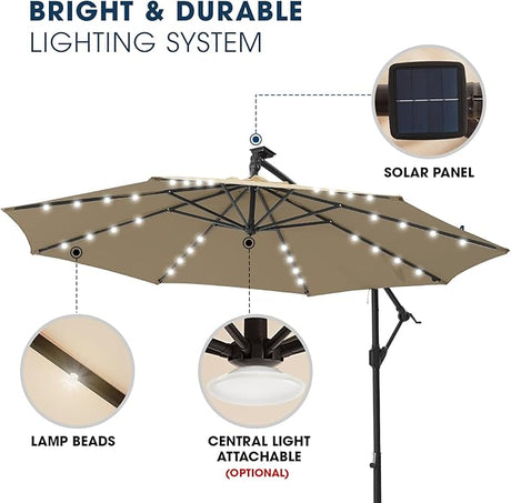 Patioslife 3m Diameter Solar LED Offset Hanging Market Cantilever Patio Umbrella, 2-Tier Canopy, for Backyard, Poolside, Lawn and Garden, UPF50+ UV Protection, Easy Tilt Crank, with Umbrella Cover and Base