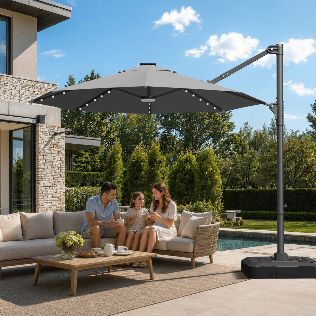 Patioslife Aegis Pro All-in-One Shade Round Cantilever Patio Umbrella with solar LED lights | Premium Cover | Large Base
