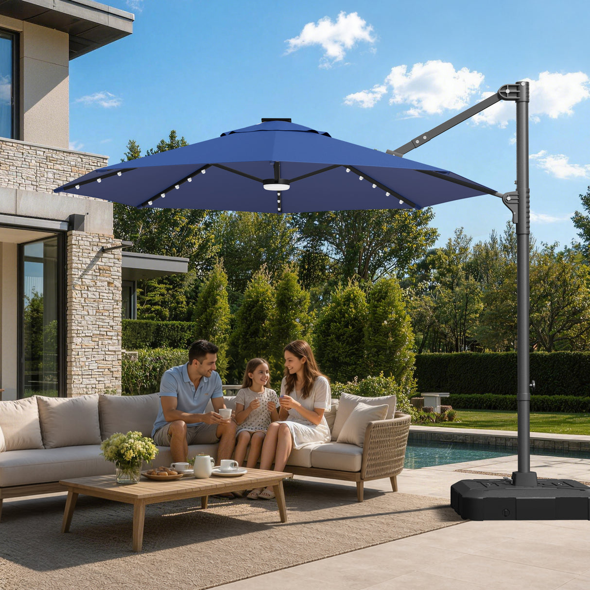 Patioslife Aegis Pro All-in-One Shade Round Cantilever Patio Umbrella with solar LED lights | Premium Cover | Large Base