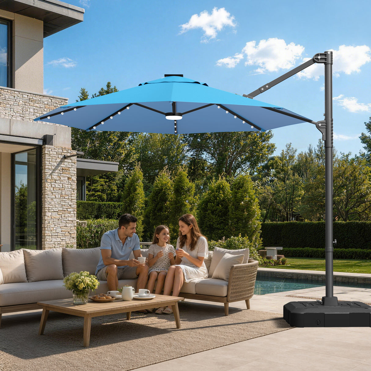 Patioslife Aegis Pro All-in-One Shade Round Cantilever Patio Umbrella with solar LED lights | Premium Cover | Large Base