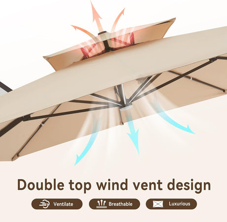 3x4m Cantilever Outdoor Patio Umbrella with Led Lights and Cover  for Backyard Garden Pool Outside Deck Double top wind vent design